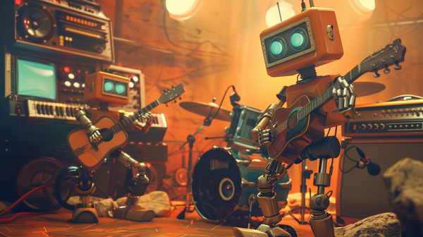 Two robots playing instruments in a recording studio